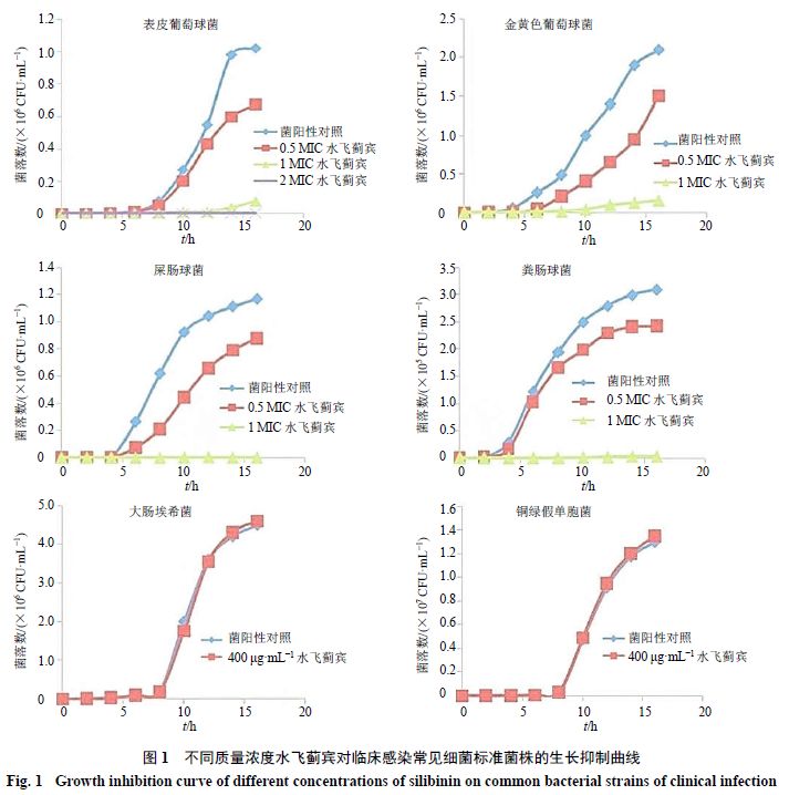 不同质量浓度水飞蓟宾对6种标准菌株的生长抑制曲线（二）